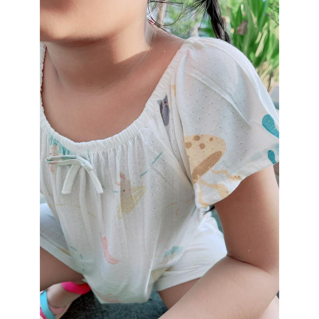 Bộ cộc tay bé gái sợi tre bamboo thông hơi mát mềm Áo Lá Homewear A043, bộ đùi bé gái mặc hè dễ thương