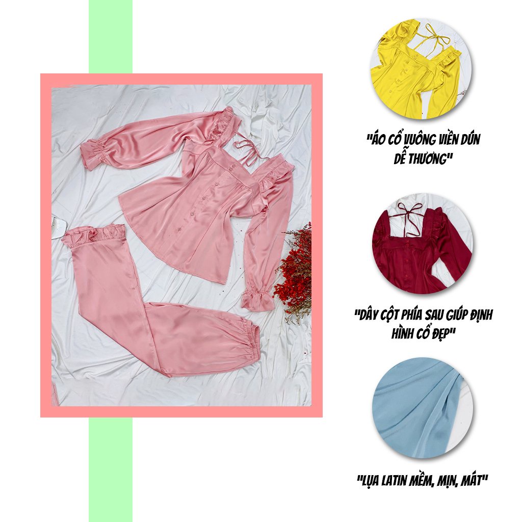 Đồ bộ mặc nhà SBORG bộ ngủ lụa latin tay dài cổ vuông viền dún dễ thương, quần dài có túi freesize dưới 65kg quà tặng Vợ