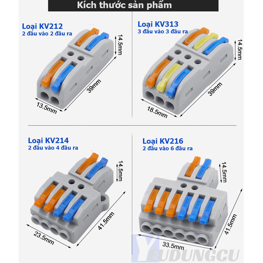 Cút nối dây điện nhanh Kv212 KV214 KV111 2 đầu vào và 2/4/6 đầu ra có phân biệt màu