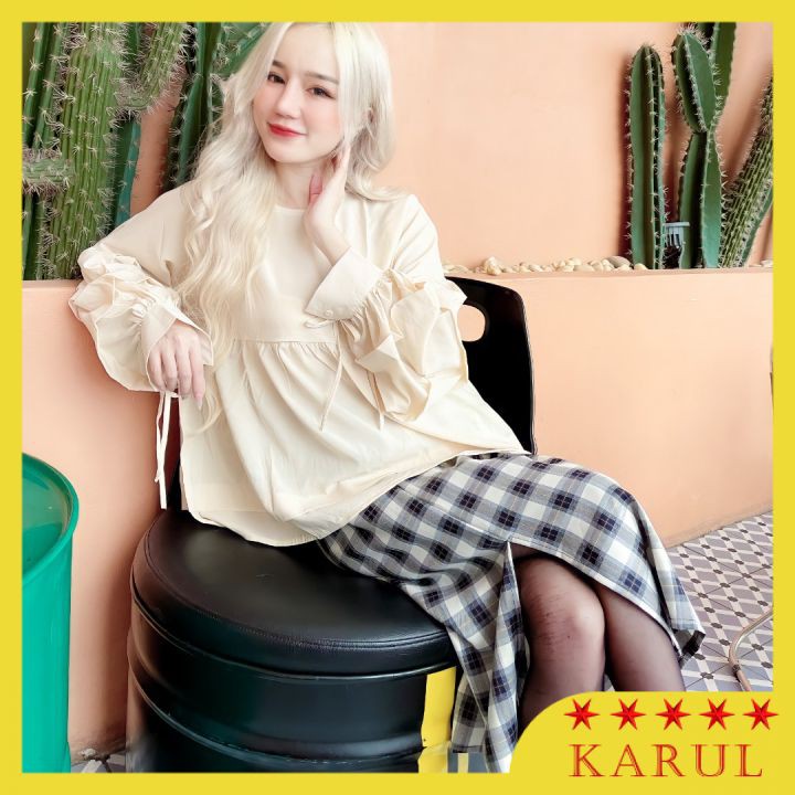 Chân váy bút chì kẻ xẻ tà 2 lớp dáng dài, chân váy dài-Chân váy bút chì kẻ xẻ tà 2 lớp vintage Hàn Quốc