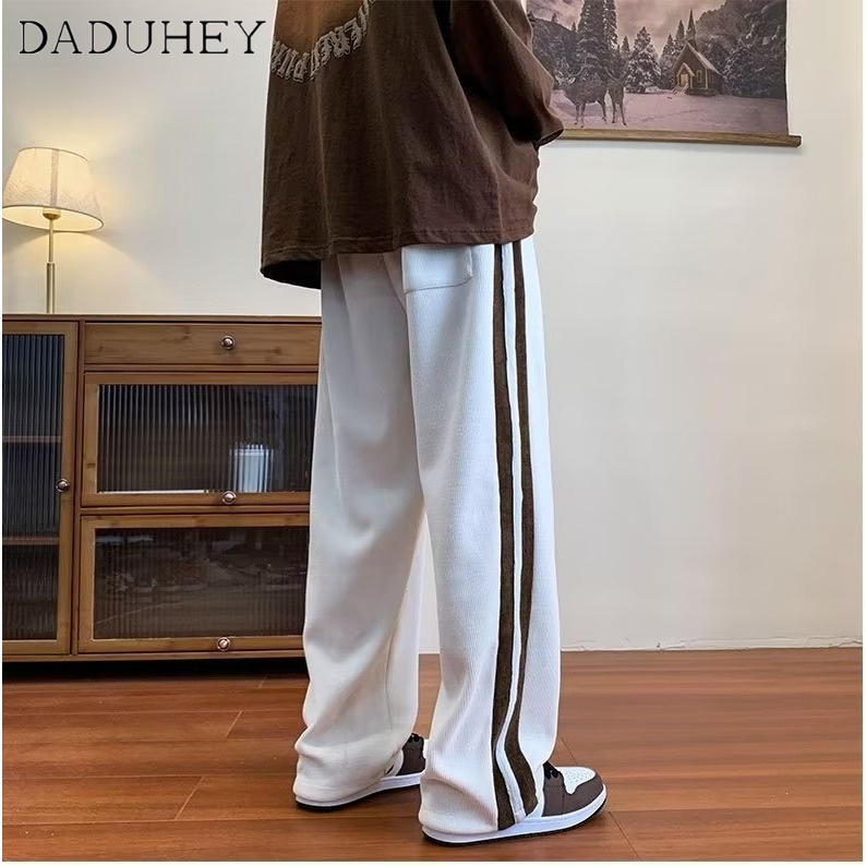 DaDuHey Men's Autumn Fashion Brand Loose Striped Casual Pants Ins Corduroy Straight Wide Leg Sports Pants