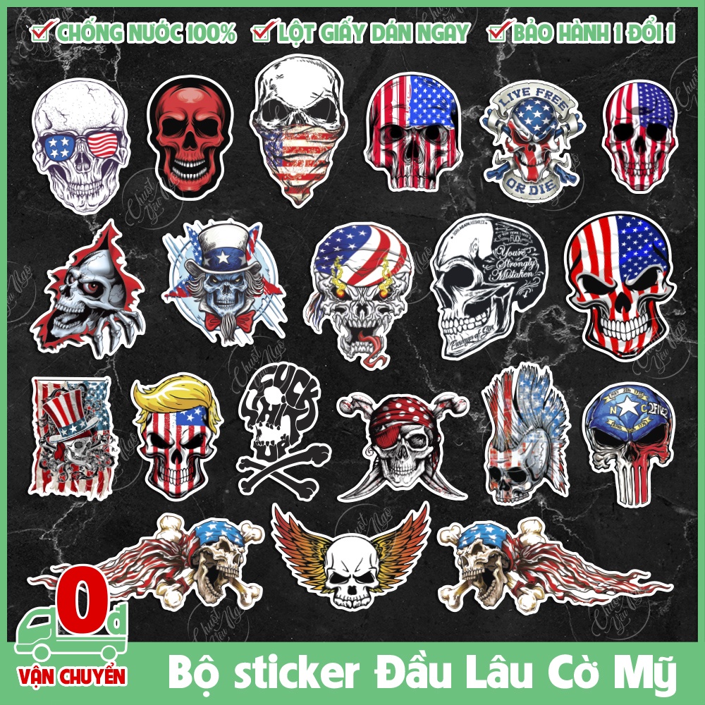 Sticker chủ đề đầu lâu cờ mỹ SKULL chống nước dán laptop, xe, đàn guita,...