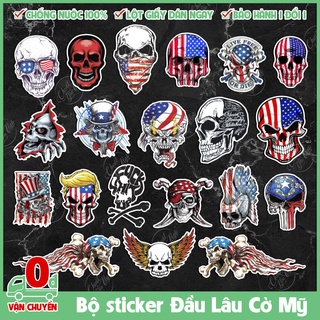 Com bo 20 sticker chủ đề đầu lâu cờ mỹ SKULL chống nước dán laptop, xe, đàn guita,...