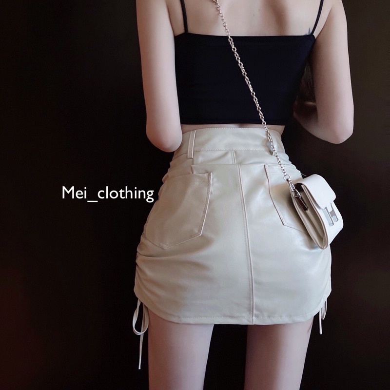 [Ảnh thật/hàng QC] Chân váy da có dây rút hông sang chảnh/ chân váy có lót trong không sợ lộ