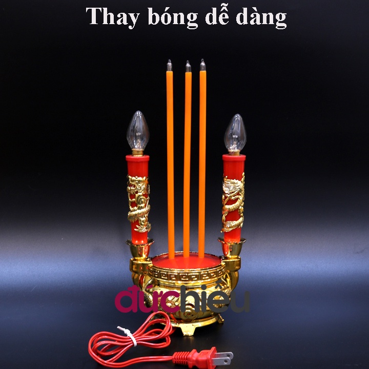 Bộ lư hương nến điện tử cao 28cm, đèn thờ cúng gia tiên, trang trí tết – Đức Hiếu Shop