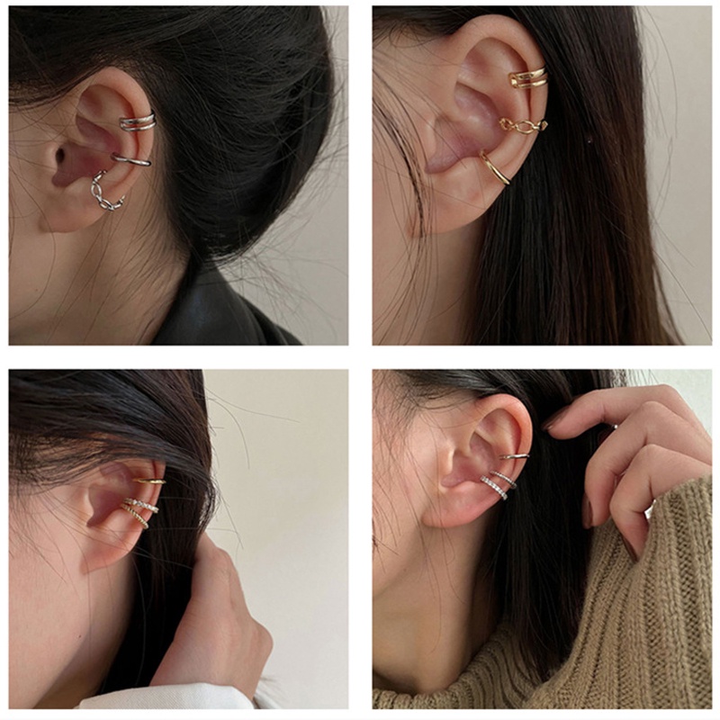 Khuyên tai dạng kẹp không xỏ lỗ đính đá zircon phối dây chuỗi tua rua phong cách hip hop cổ điển dành cho nữ