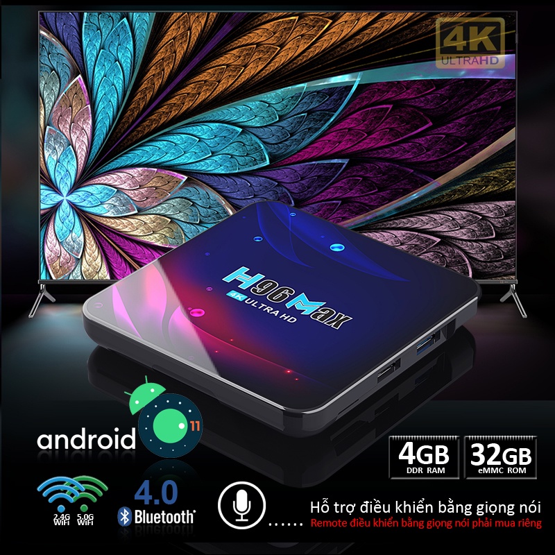 Android tv box Rom 32G Ram 4G Bluetooth 4.0wifi kép android 11.0mới nhất độ phân giải 4K bảo hành 1 năm H96MAXV11 tv box