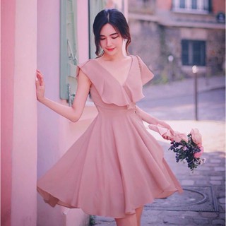 Đầm xoè, váy dạo phố màu hồng ruốc cổ viền bèo (kèm hình thật)