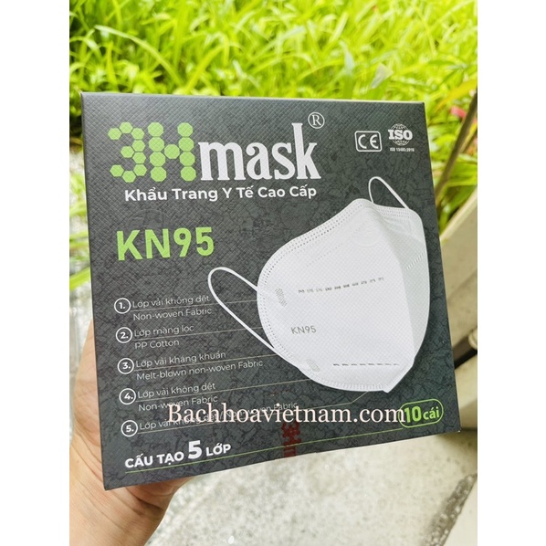 Khẩu trang 5 lớp Vĩnh Tiến 3H Mask KN95 (1 hộp 10 cái)|ôm kín mặt|Không lem son|Dễ hít thở|kháng khuẩn, 3Hmask