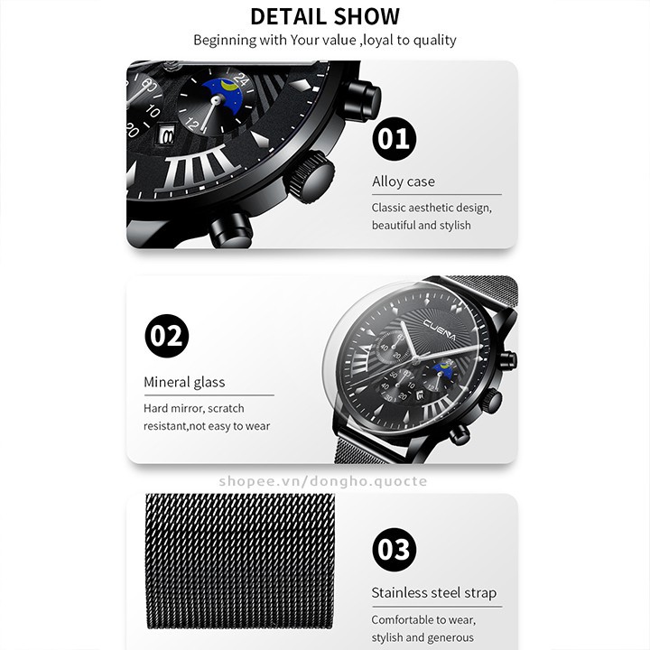 Đồng hồ nam CUENA CNA007 doanh nhân thời thượng sắc nét dây thép lụa trẻ trung - MS35 | BigBuy360 - bigbuy360.vn