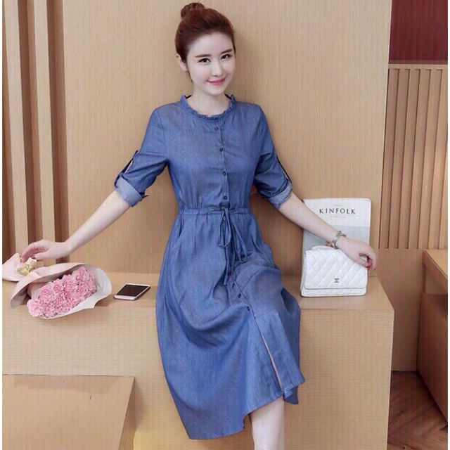 Đầm jean xòe denim eo rút dây, váy bò cổ viền bèo - DTH