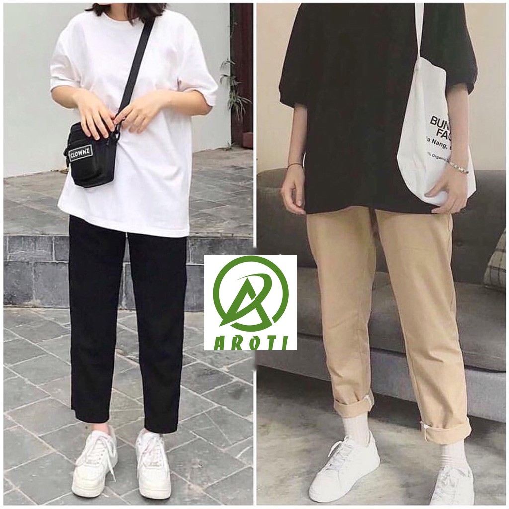 Quần Baggy Nam Nữ AROTI Ống Suông Rộng Vải Kaki Đẹp Dáng Âu Đứng Basic,Cạp Chun,Màu Đen-Be,Tiện Mặc Đi Học  BG01SP1