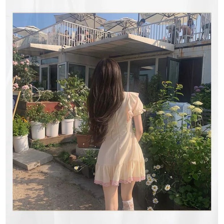 Đầm xòe babydoll trơn tay phồng đuôi cá voan màu vàng oder taobao