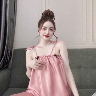 Bộ đồ ngủ mặc nhà lụa trơn 2 dây áo thắt nơ