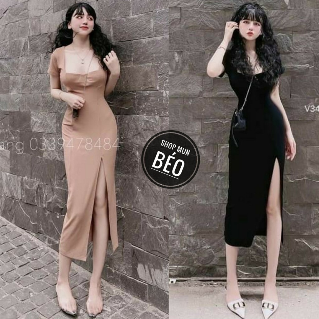 Đầm Body Cổ Vuông Tay Ngắn Xẻ Đùi Chất Thun Gân Thích Hợp Mặc Đi Tiệc Đi Làm Đi Chơi Phù Hợp Với Mọi Phong Các