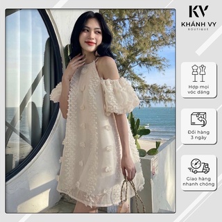 Váy cổ yếm 2 lớp trễ vai tay bồng tiểu thư, sang chảnh - khánh vy boutique