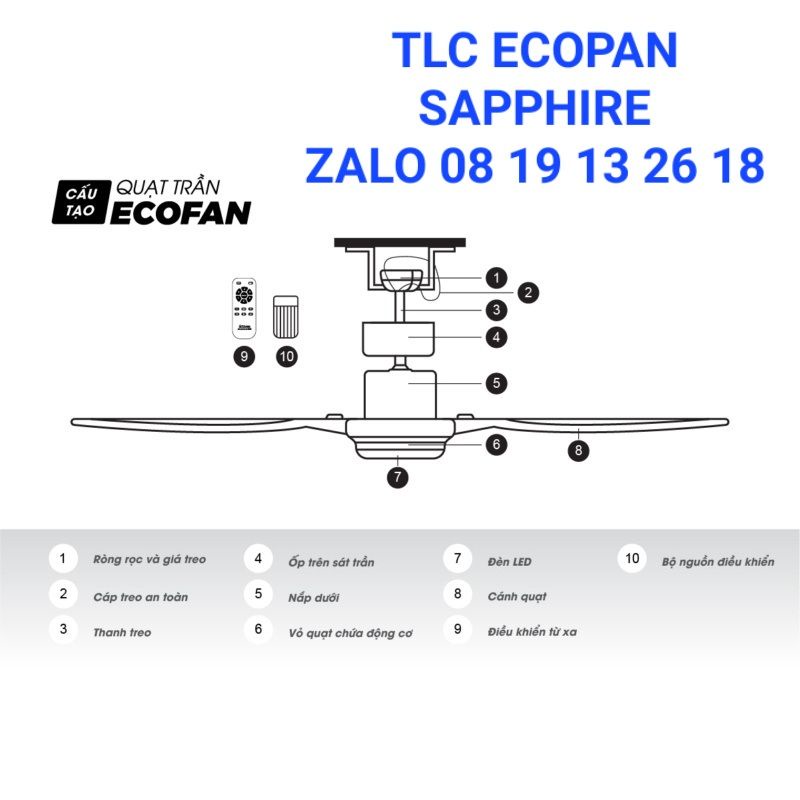 Quạt trần TLC ECOFAN Sapphire, 5 cánh, có đèn, có điều khiển, bảo hành 5 năm, màu gỗ và màu bạc.