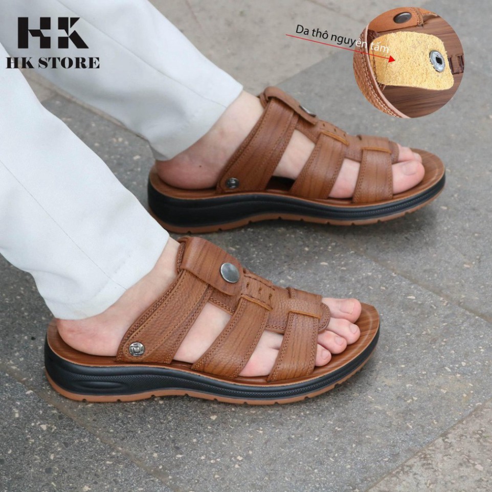 Dép sandal nam trung niên 💝 HK.STORE 💝 da bò xịn kết hợp đế kếp cao 3,5cm cực đẹp khâu may chân quai công nghệ 2021.