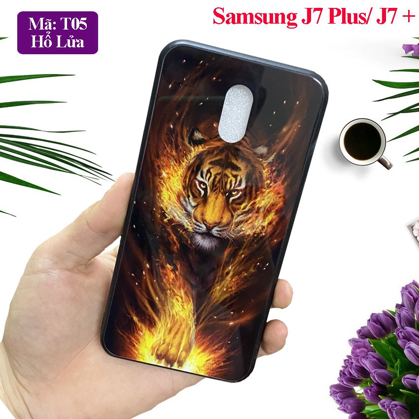 Ốp lưng Samsung J7 Plus /J7+ mặt kính cường lực sang trọng in hoa văn 3D sắc nét chống trầy xước, case op lung galaxy