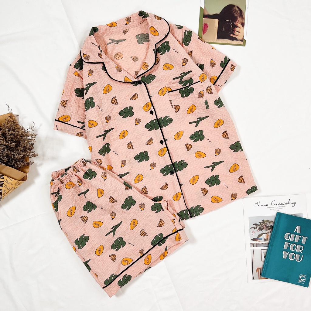 Bộ pijama nữ Yuna cộc tay mặc nhà chất liệu đũi xốp thấm hút mồ hôi tốt họa tiết siêu dễ thương,thời trang nữ YUNA_DN001