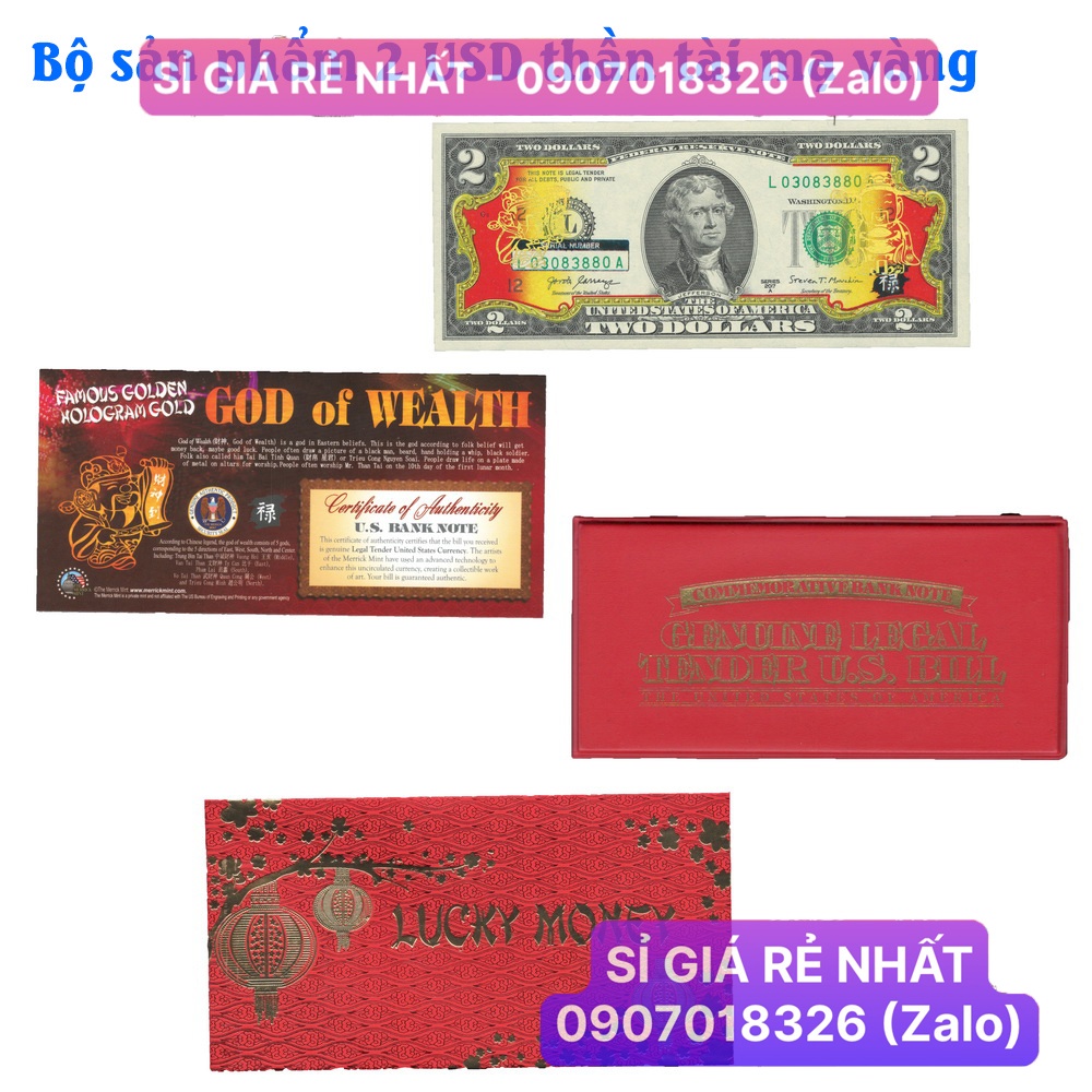 [10 Set] Bộ Quà Tết tờ 2 USD in Thần Tài Vàng tài lộc, quà tặng ý nghĩa - kèm bao da đỏ