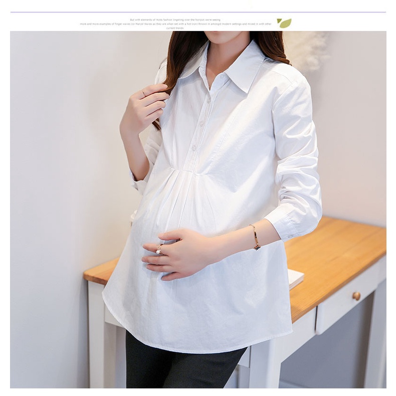 Áo Bầu Công Sở, Áo sơ mi bầu dài tay Thu Đông có cổ