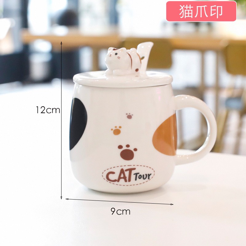 Cốc CAT sứ  uống nước cốc gốm sứ cao cấp hình mèo lười cute có nắp đậy uống nước kèm thìa cafe