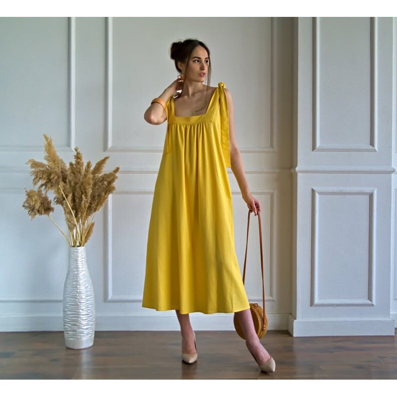 Đầm Linen Hai Dây Bảng Lớn