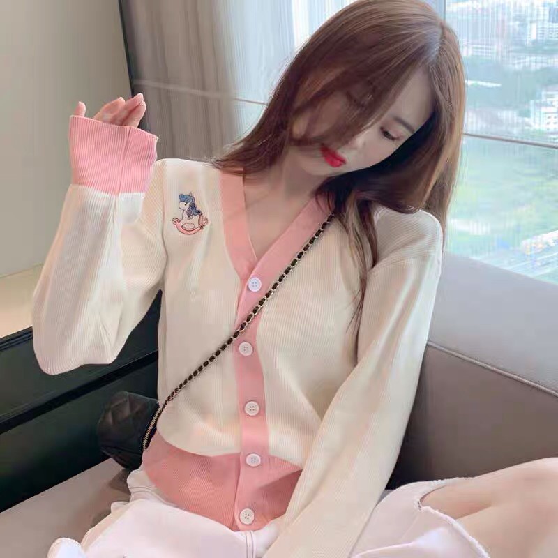 Áo Khoác Cardigan Nữ Phối Màu Hồng Thêu Kì Lân Cute  Áo Thun Mỏng Cổ V Cúc Cài Phối Viền