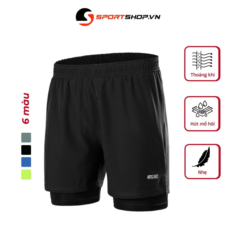 Quần chạy bộ nam 2 lớp (boxer) có túi sau đa năng ARSUXEO MS02, quần thể thao dắt áo phía sau siêu nhẹ, thoáng khí