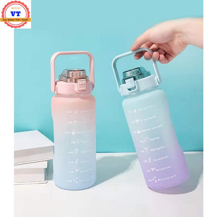Bình nước 2 lít tặng Sticker dành cho người lười uống nước 💖 FREESHIP 💖 bình nước cute 2L có ống hút, vạch chia nhắc giờ