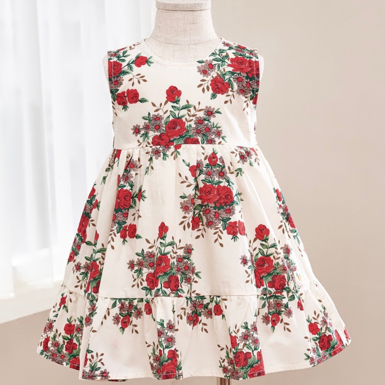 Váy Bé Gái Carrot Không Tay, Dáng Xòe, Hoa Tiết Hoa Hồng Leo, Chất Thô Cotton Thoáng Mát Thấm Hút Mồ Hôi