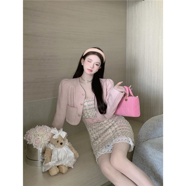 Áo Khoác Mùa Thu + Đầm Hai Dây Thắt Nơ Gợi Cảm Cho Nữ