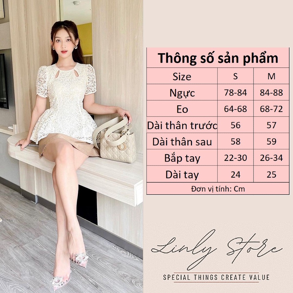 Áo kiểu nữ peplum ngắn tay Linly Store chất ren cổ tròn
