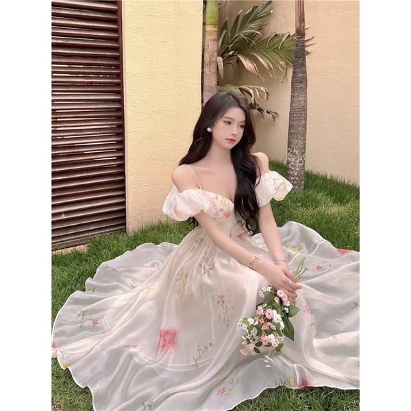 ĐẦM MAXI HOA CÚP NGỰC 2 DÂY RỚT VAI PHỒNG