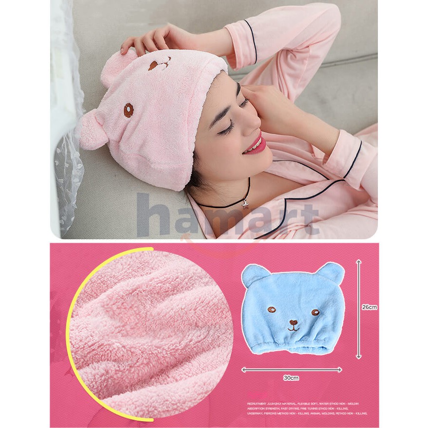 Mũ Tắm Trùm Đầu Hình Gấu Cute Mũ Gội Đầu Hàn Quốc Bông Dày Thấm Hút Nước 2 MÀU LỰA CHỌN