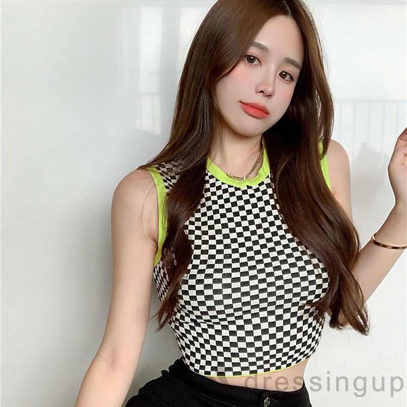 Áo croptop không tay cổ tròn họa tiết kẻ ô dành cho nữ