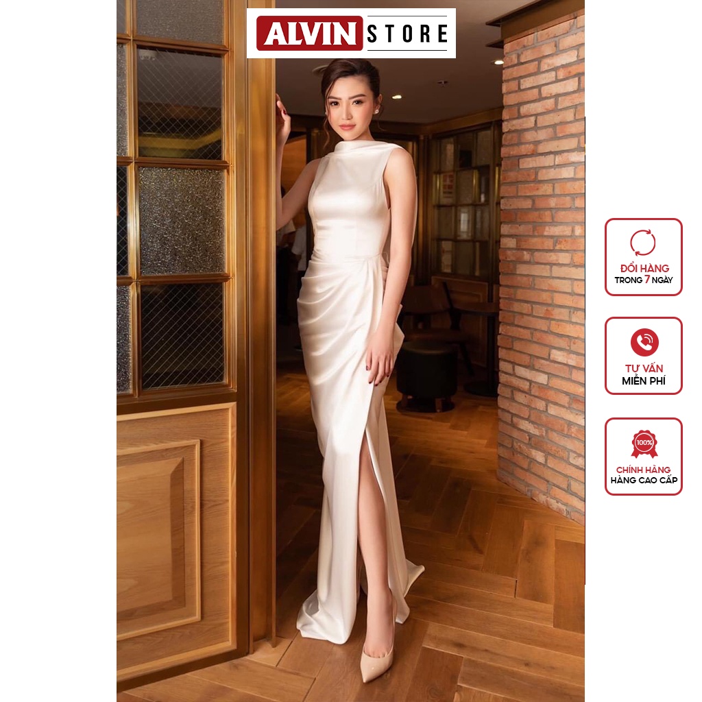 Đầm Dạ Hội Dáng Dài Vải Lụa Sát Nách Cổ Đổ Hở Lưng Xẻ Tà Alvin Store 0936