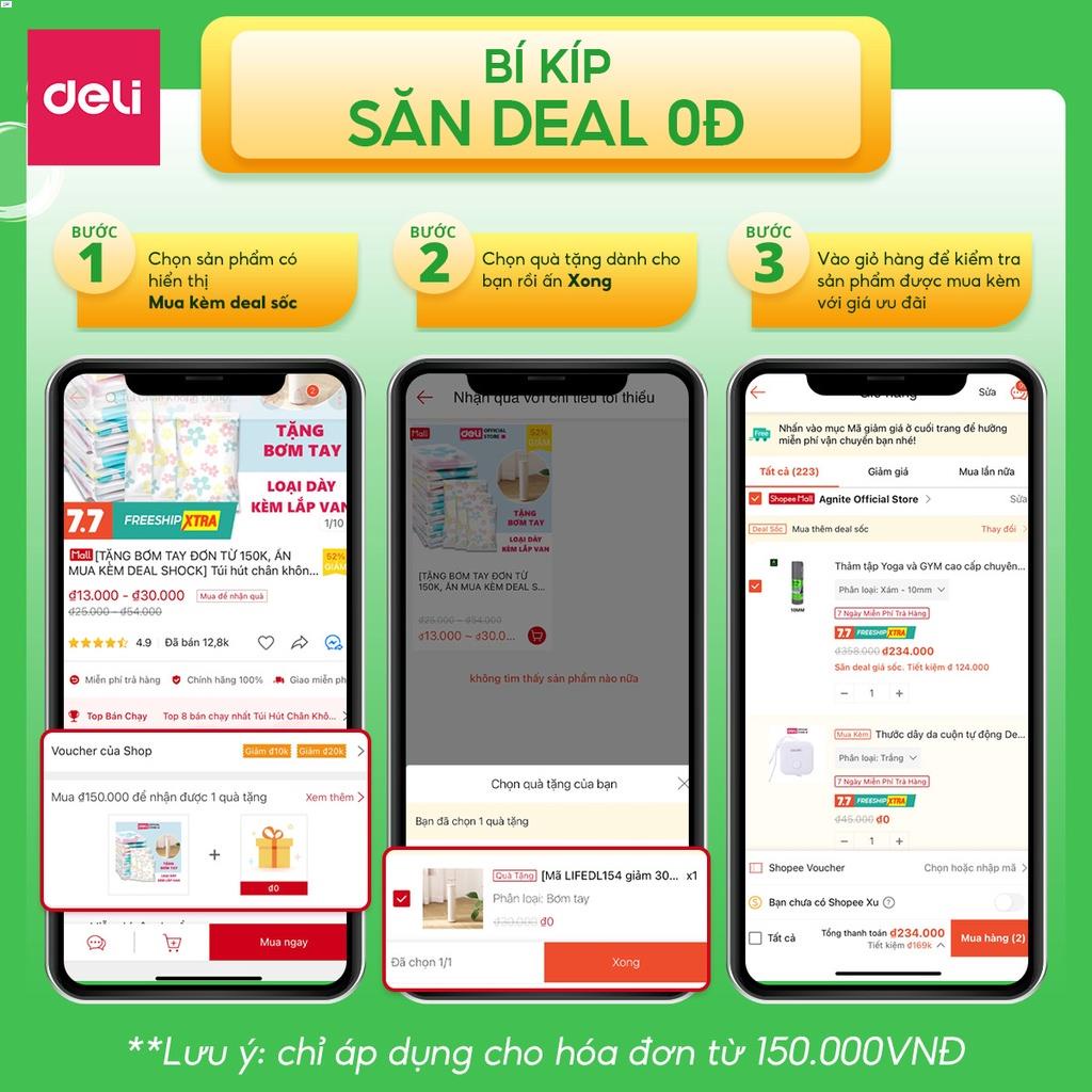 Túi hút chân không Deli-Loại cao cấp DÀY GẤP ĐÔI, KÈM NẮP VAN CHỐNG RÒ RỈ HƠI, chống nước, tránh ẩm, nấm mốc quần áo