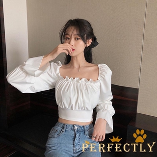 Hoàn hảo-Áo Crop Top lệch vai dành cho nữ, Áo Crop Top dài tay màu trơn gợi cảm viền lưng có dây buộc