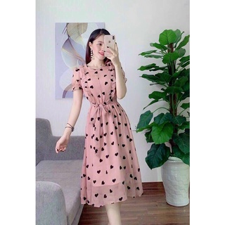 Đầm họa tiết tim cột nơ eo xinh xắn