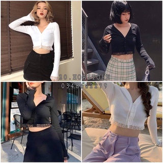 ÁO CROPTOP PHA REN WOOL NỮ - THUN TĂM DÀI TAY DÁNG ÔM BODY CÀI CÚC PHỐI REN CỔ TIM ĐEN TRẮNG