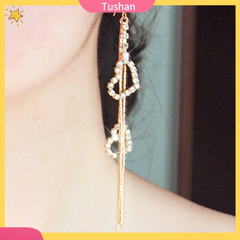 Đôi khuyên tai dài hình trái tim đính đá thời trang cho nữ