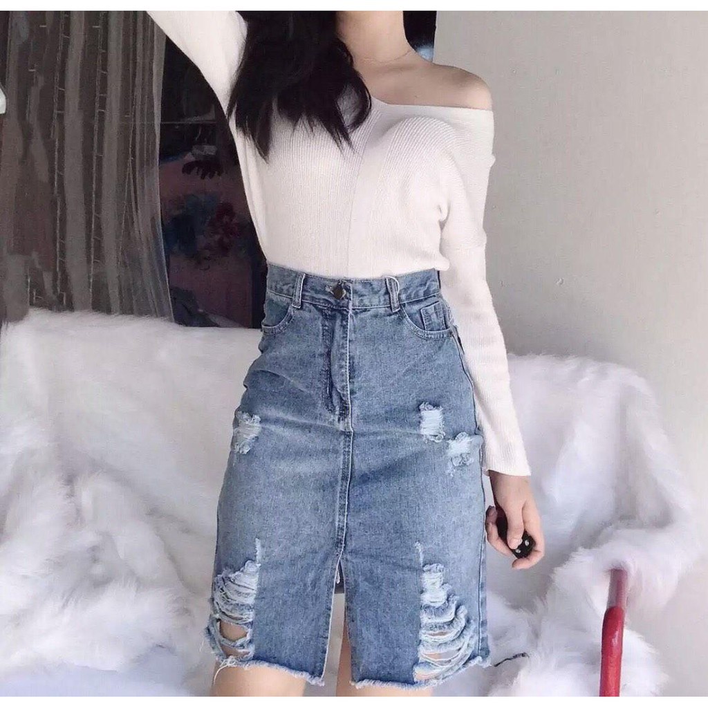 Sale 12C34B1 Chân váy jean lửng rách xẻ tà giữa 3 size SML Sale