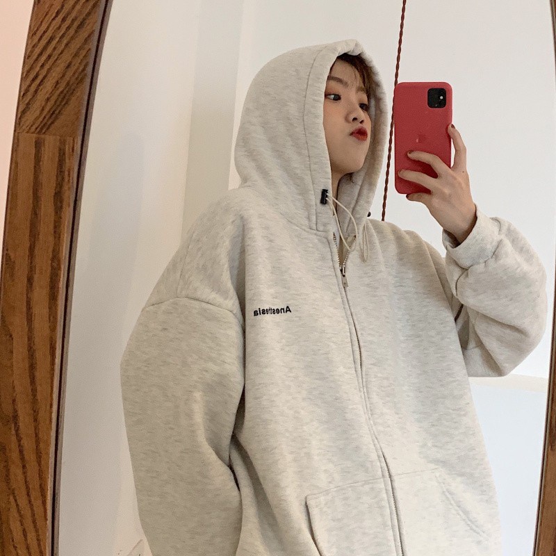 Áo Khoác cardigan Có Mũ Trùm Dáng Rộng Dài Vừa Phải Bằng Vải Lông Cừu Màu Xám Phong Cách retro Mỹ Mới Dành Cho Bạn Nữ