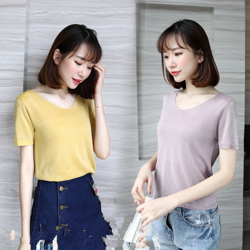 Áo len nữ dệt kim cổ V, áo ngắn tay trẻ trung phong cách Hàn Quốc ALE24