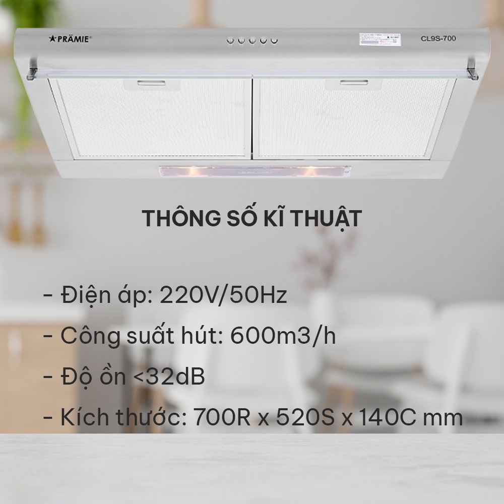 Máy hút mùi cổ điển Pramie CL9S-700 máy hút mùi bếp âm có bộ lọc khử mùi than hoạt tính, chống ồn, hoạt động êm ái