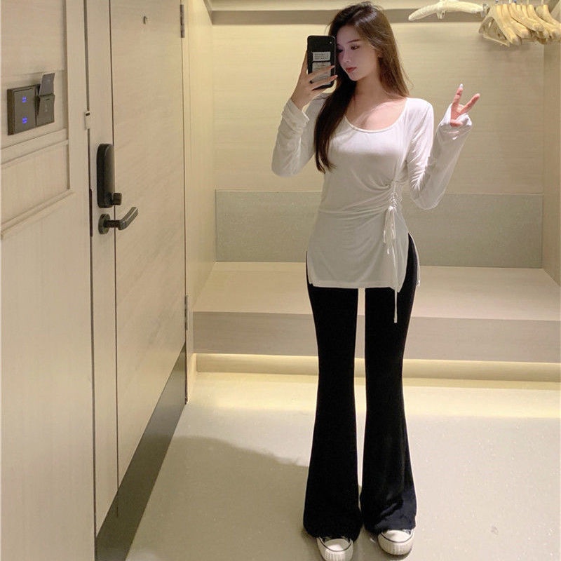 Áo thun COZOK tay dài dáng ôm phối dây rút thời trang dễ phối đồ