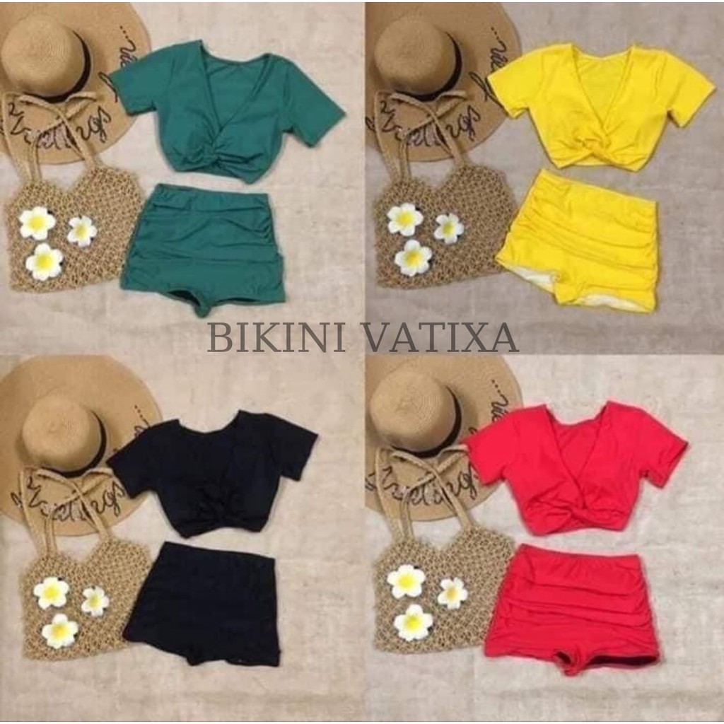 Bikini, Đồ Bơi Đi Biển Hai Mảnh Xoắn Ngực Nhiều Màu, Quần Đùi Cạp Cao Áo Crop VATIXA BKN12