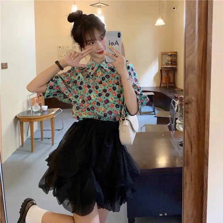 Áo sơ mi SUXI tay phồng dáng rộng in họa tiết hoa dễ thương thời trang mùa hè cho nữ